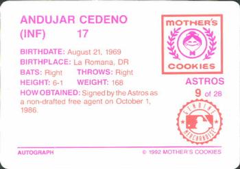 1992 Mother's Cookies Houston Astros #9 Andujar Cedeno Back