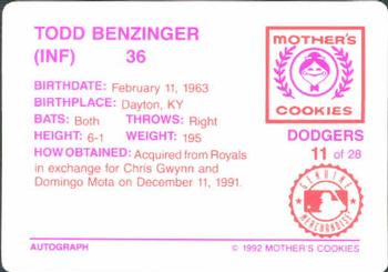 1992 Mother's Cookies Los Angeles Dodgers #11 Todd Benzinger Back