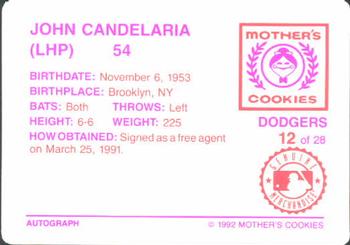 1992 Mother's Cookies Los Angeles Dodgers #12 John Candelaria Back