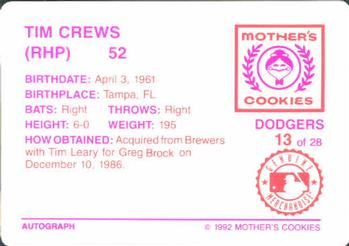 1992 Mother's Cookies Los Angeles Dodgers #13 Tim Crews Back