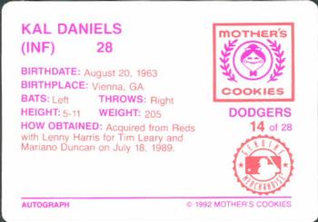 1992 Mother's Cookies Los Angeles Dodgers #14 Kal Daniels Back