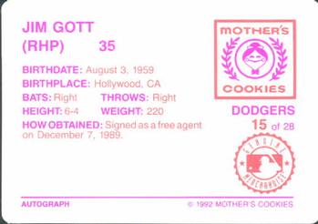 1992 Mother's Cookies Los Angeles Dodgers #15 Jim Gott Back
