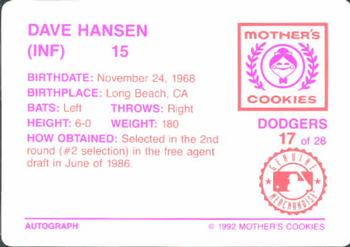 1992 Mother's Cookies Los Angeles Dodgers #17 Dave Hansen Back