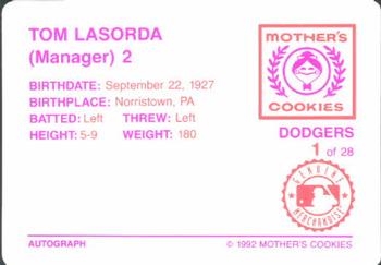 1992 Mother's Cookies Los Angeles Dodgers #1 Tom Lasorda Back