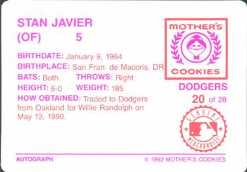 1992 Mother's Cookies Los Angeles Dodgers #20 Stan Javier Back