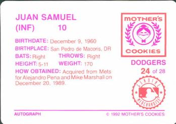 1992 Mother's Cookies Los Angeles Dodgers #24 Juan Samuel Back