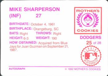 1992 Mother's Cookies Los Angeles Dodgers #25 Mike Sharperson Back