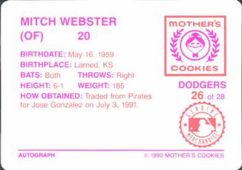 1992 Mother's Cookies Los Angeles Dodgers #26 Mitch Webster Back