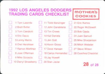 1992 Mother's Cookies Los Angeles Dodgers #28 Coaches & Checklist (Mark Cresse / Ron Perranoski / Joe Ferguson / Ron Roenicke / Ben Hines / Manny Mota / Joe Amalfitano) Back