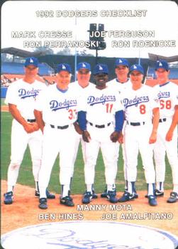 1992 Mother's Cookies Los Angeles Dodgers #28 Coaches & Checklist (Mark Cresse / Ron Perranoski / Joe Ferguson / Ron Roenicke / Ben Hines / Manny Mota / Joe Amalfitano) Front