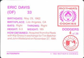 1992 Mother's Cookies Los Angeles Dodgers #4 Eric Davis Back