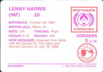 1992 Mother's Cookies Los Angeles Dodgers #5 Lenny Harris Back