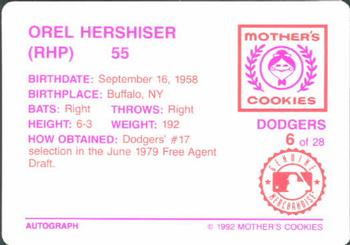 1992 Mother's Cookies Los Angeles Dodgers #6 Orel Hershiser Back