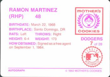 1992 Mother's Cookies Los Angeles Dodgers #7 Ramon Martinez Back