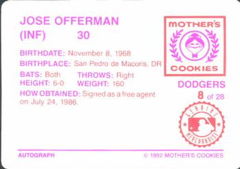 1992 Mother's Cookies Los Angeles Dodgers #8 Jose Offerman Back