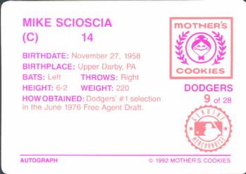 1992 Mother's Cookies Los Angeles Dodgers #9 Mike Scioscia Back