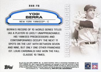 2013 Topps Update - Record Holder Rings #RHR-YB Yogi Berra Back