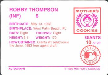 1992 Mother's Cookies San Francisco Giants #10 Robby Thompson Back