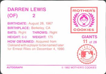 1992 Mother's Cookies San Francisco Giants #11 Darren Lewis Back