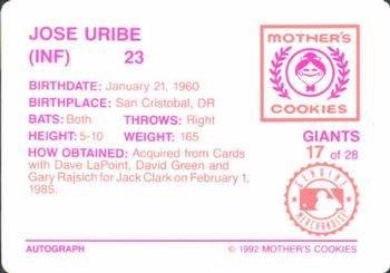 1992 Mother's Cookies San Francisco Giants #17 Jose Uribe Back