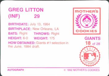 1992 Mother's Cookies San Francisco Giants #18 Greg Litton Back
