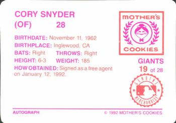 1992 Mother's Cookies San Francisco Giants #19 Cory Snyder Back