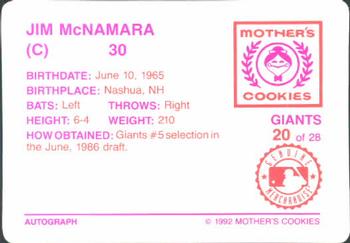 1992 Mother's Cookies San Francisco Giants #20 Jim McNamara Back