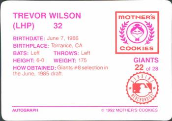 1992 Mother's Cookies San Francisco Giants #22 Trevor Wilson Back