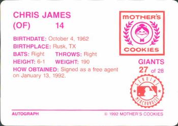 1992 Mother's Cookies San Francisco Giants #27 Chris James Back