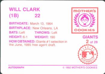 1992 Mother's Cookies San Francisco Giants #2 Will Clark Back