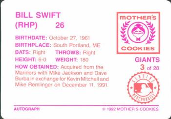 1992 Mother's Cookies San Francisco Giants #3 Bill Swift Back