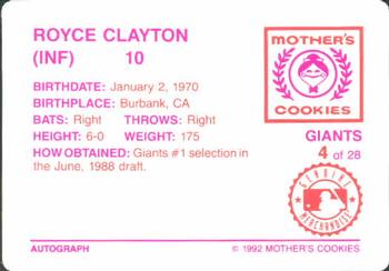 1992 Mother's Cookies San Francisco Giants #4 Royce Clayton Back
