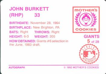 1992 Mother's Cookies San Francisco Giants #5 John Burkett Back
