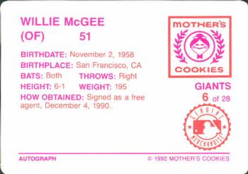 1992 Mother's Cookies San Francisco Giants #6 Willie McGee Back