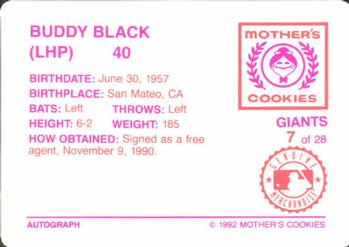 1992 Mother's Cookies San Francisco Giants #7 Bud Black Back