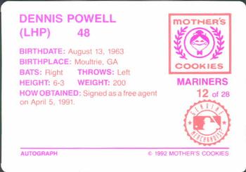 1992 Mother's Cookies Seattle Mariners #12 Dennis Powell Back