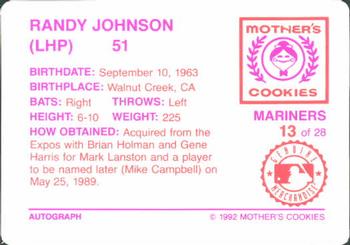 1992 Mother's Cookies Seattle Mariners #13 Randy Johnson Back