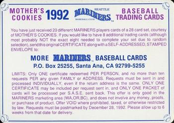1992 Mother's Cookies Seattle Mariners #NNO 8 Card Offer Front