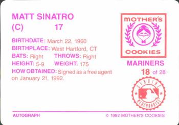 1992 Mother's Cookies Seattle Mariners #18 Matt Sinatro Back