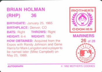 1992 Mother's Cookies Seattle Mariners #26 Brian Holman Back