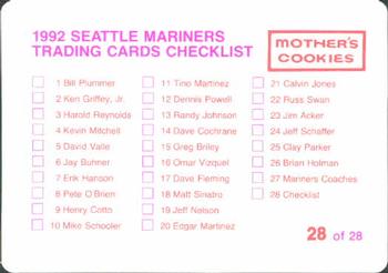 1992 Mother's Cookies Seattle Mariners #28 Checklist Back