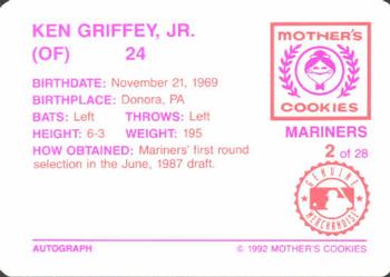 1992 Mother's Cookies Seattle Mariners #2 Ken Griffey Jr. Back