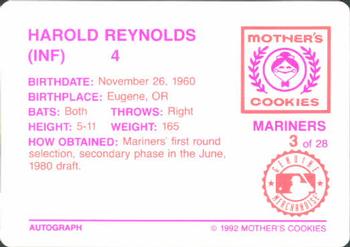 1992 Mother's Cookies Seattle Mariners #3 Harold Reynolds Back
