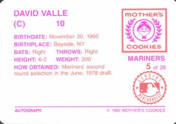 1992 Mother's Cookies Seattle Mariners #5 Dave Valle Back