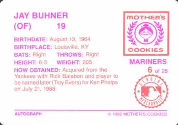1992 Mother's Cookies Seattle Mariners #6 Jay Buhner Back
