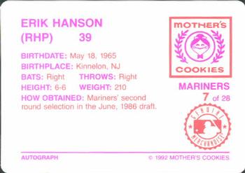 1992 Mother's Cookies Seattle Mariners #7 Erik Hanson Back