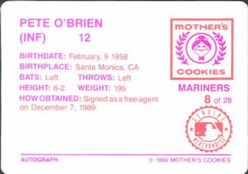 1992 Mother's Cookies Seattle Mariners #8 Pete O'Brien Back