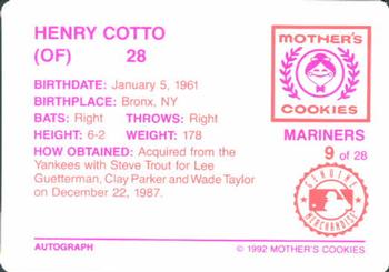1992 Mother's Cookies Seattle Mariners #9 Henry Cotto Back
