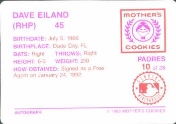 1992 Mother's Cookies San Diego Padres #10 Dave Eiland Back