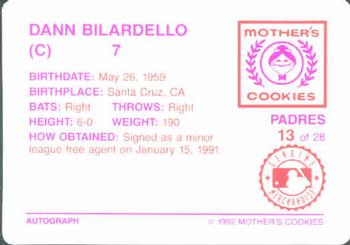 1992 Mother's Cookies San Diego Padres #13 Dann Bilardello Back